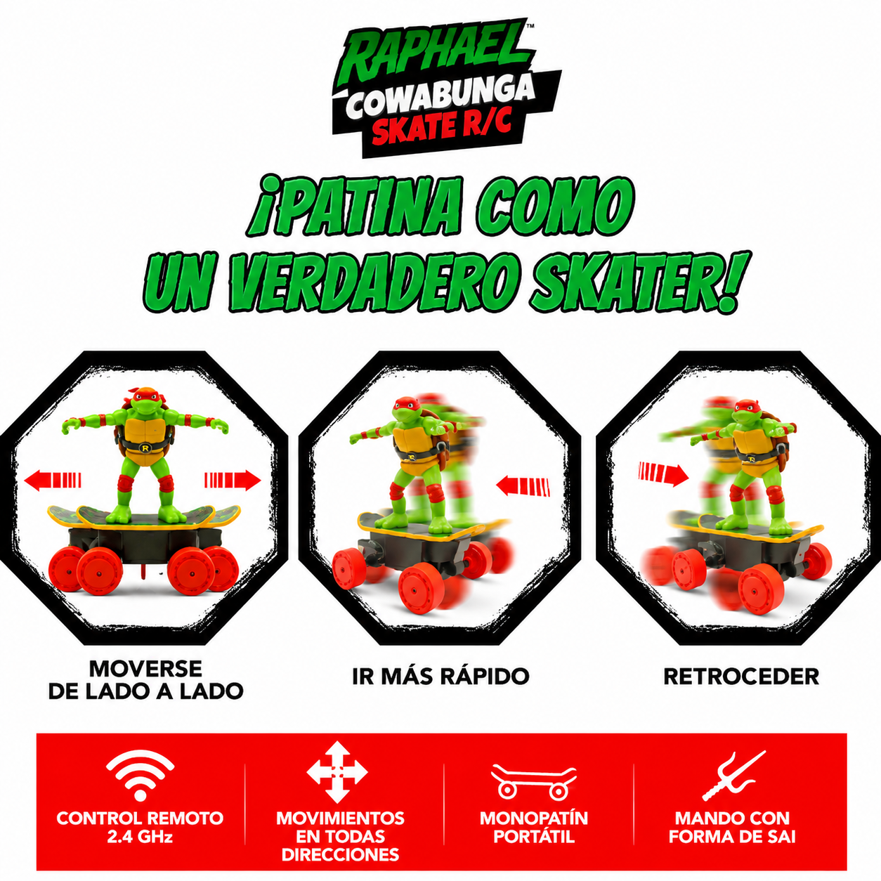 Tortugas Ninja Raphael Cowabunga Skate RC con Control Remoto - Imagen 6