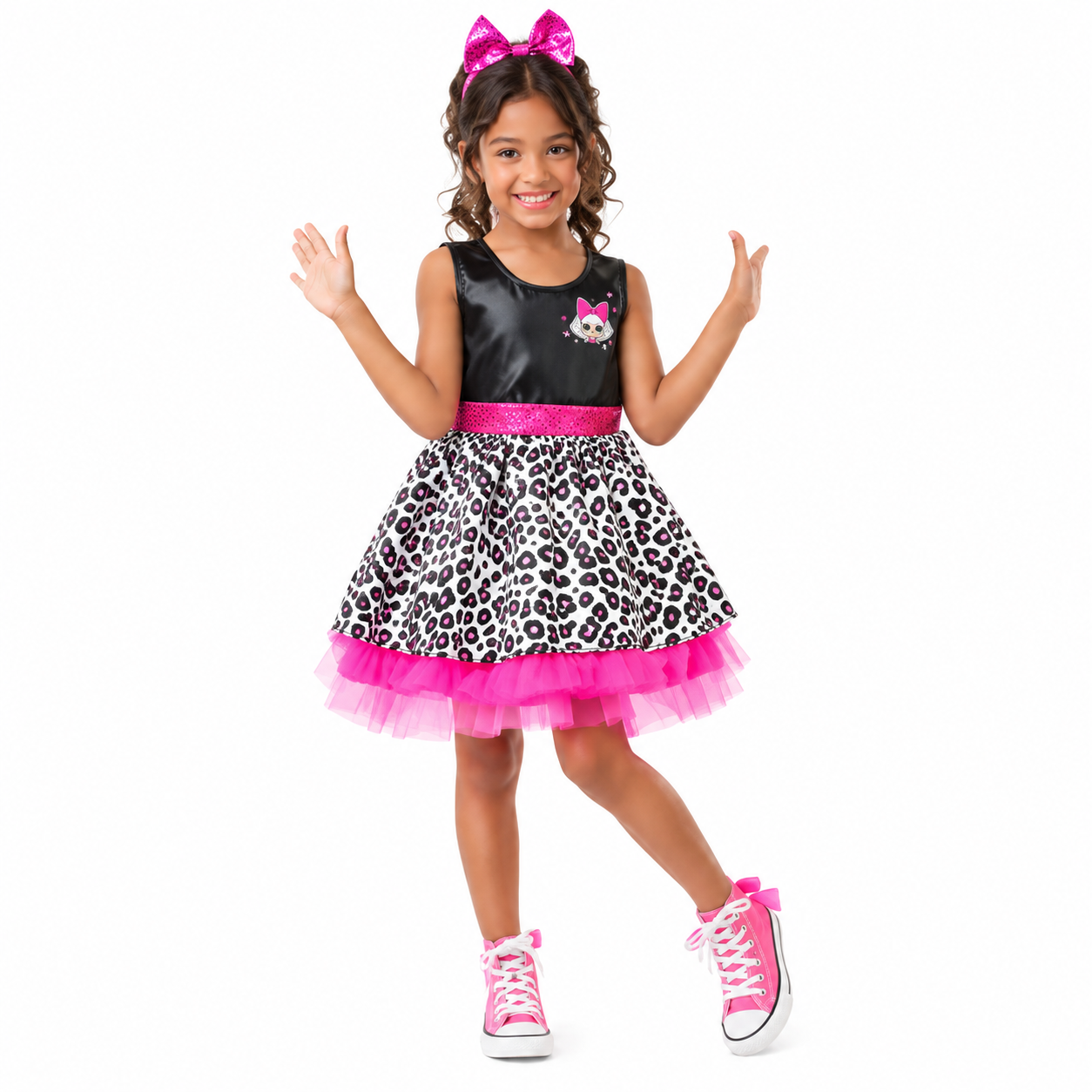 Disfraz Diva LOL Surprise Rubie's para niña de 5-6 años con vestido animal print rosa y diadema con lazo.