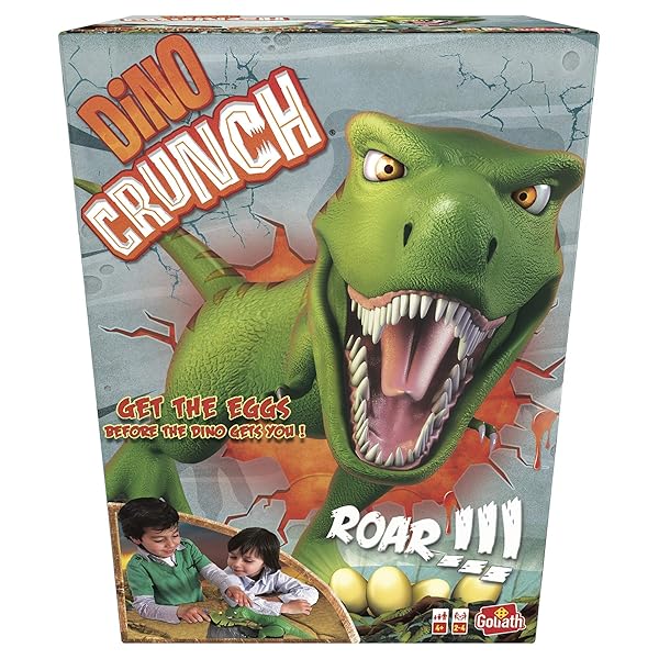 Dino Crunch Goliath juego de mesa infantil con dinosaurio T-Rex, nido y 20 huevos de colores.