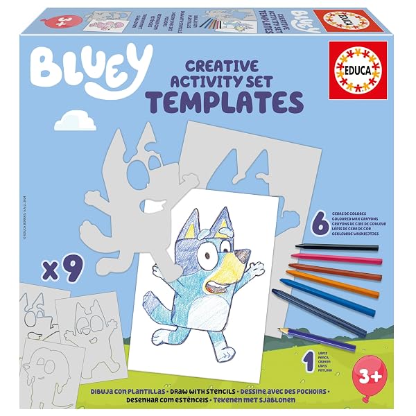 Bluey set creativo de plantillas Educa con 9 plantillas y 6 lápices de colores para dibujar y colorear.
