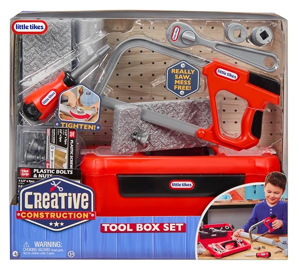 Caja de herramientas Little Tikes Creative Construction con herramientas infantiles y accesorios de construcción.