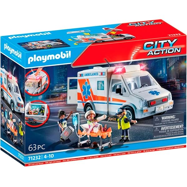 PLAYMOBIL City Action 71232 ambulancia con luces y sonido, tres figuras y accesorios médicos