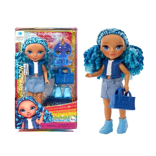 Rainbow High Littles Sapphire Bradshaw muñeca azul articulada de 14 cm con bolso rosa y mascota Yeti.