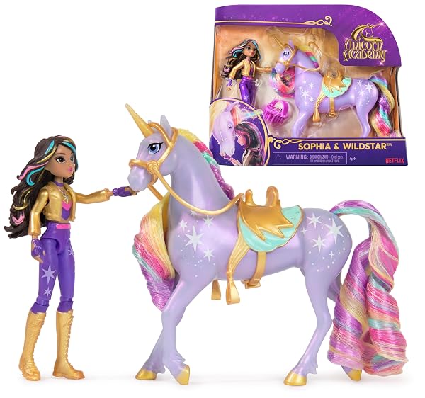 Unicorn Academy Sophia y Wildstar morado con muñeca articulada, unicornio de melena arcoíris y accesorios Spin Master