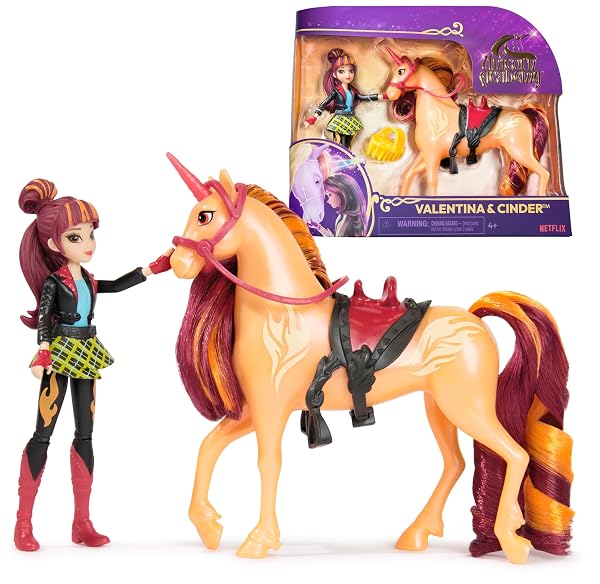 Unicorn Academy Valentina y Cinder marrón con muñeca articulada, unicornio de melena roja y naranja y accesorios Spin Master